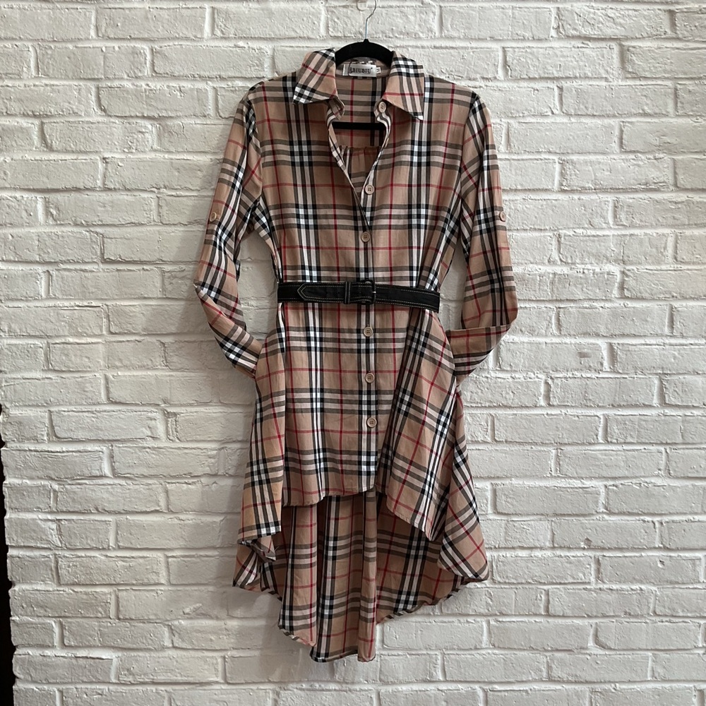 BIUBIU Tan Black Plaid Button Down HiLow Tunic Shirt Long Sleeve Collar Preppy